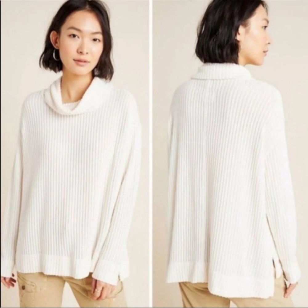 Anthropologie Cream Ribbed Cowl Neck Sweater